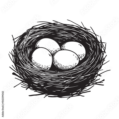 Nest with eggs silhouette isolated on a white background, Nesting season bird’s nest with eggs nature illustration, Bird nest with eggs silhouette vector art for nature conservation