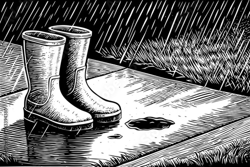 pair of rain boots with raindrops and puddles, suitable for seasonal designs, children’s books or weather illustrations a black and white line art illustration