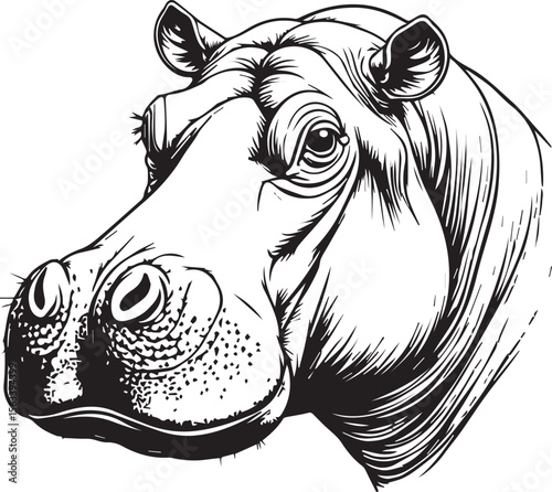 Hippopotamus Portrait: A detailed illustration of a majestic hippopotamus, showcasing its robust features and expressive gaze. This artwork captures the essence of this fascinating animal.
