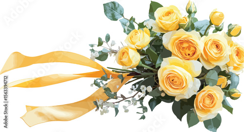 Elegant Bouquet of Yellow Roses with Ribbon on White Background