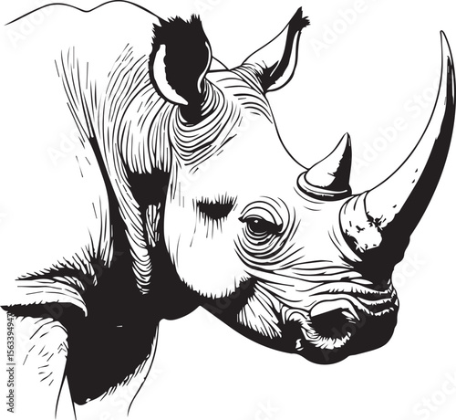 Monochrome Rhino Portrait: A striking monochrome portrait of a majestic rhinoceros, showcasing its powerful horn and textured hide in a detailed artistic style.