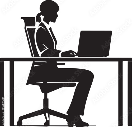 Silhouette of a Professional Woman at Work: A clean, minimalist silhouette depicts a focused professional woman seated at a desk, engrossed in her work.