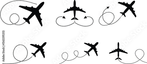 Vector airplanes with flight paths in black silhouette design