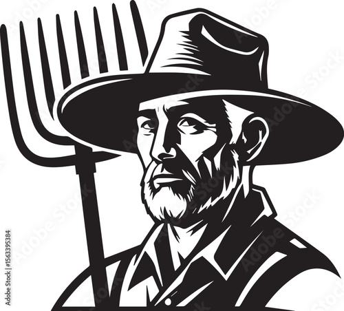 Farmer's Dedication: A striking portrait of a seasoned farmer, his weathered face etched with the stories of years spent nurturing the land. Holding a pitchfork.