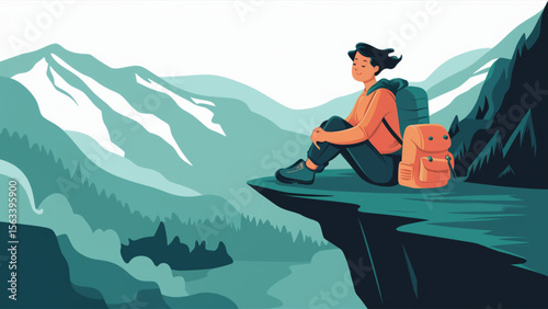 Hiker’s Peaceful Pause on Cliff Edge Amidst Nature’s Beauty
