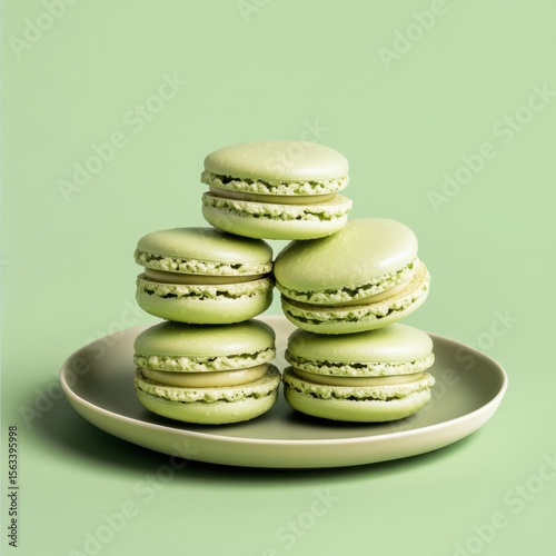 Stack of green macarons on ceramic plate over green background. Studio food photography. Sweet dessert and French pastry concept.
