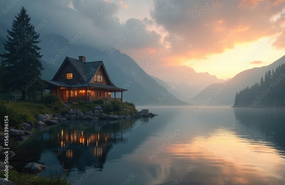 Fototapeta premium Wooden house near lake. Scenic view of nature with mountains, calm water reflecting sky and home. Landscape scenery with house lights on, travel destination, vacation. Holiday concept.