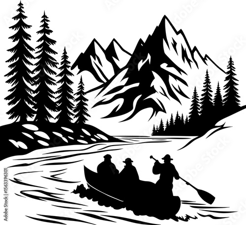 Silhouette of People Rafting on River with Mountains; vector design in bold black aquatic adventure