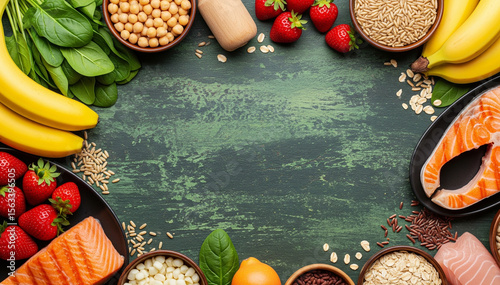 Nutritious foods for a balanced diet, including salmon, fruits, greens, and grains, framing a rustic green background