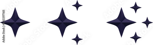 Vector Illustration of Stylized Four-Pointed Starbursts in Glossy Indigo Tones on a White Background with Faceted Minimalist Design and Clean Geometric Layout

