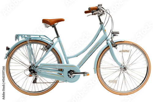 Elegant light blue bicycle with brown leather seat and grips retro design isolated on a transparent background