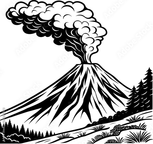 Silhouette of Erupting Volcano with Pine Trees