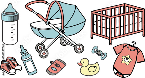 Baby shower design features a stroller, crib, bottle, and rubber ducky for nursery decor