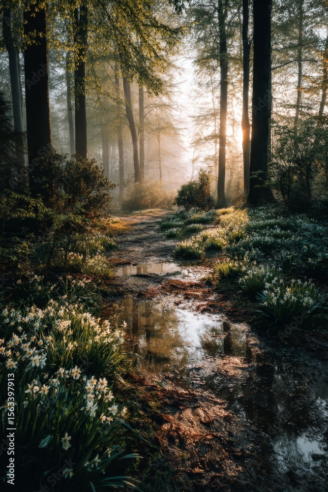 Obraz premium Sunlit Forest Path With White Flowers and Fog