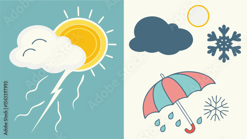 A cute flat weather icons graphic showing sun, cloud, rain, snow, and storm conditions on contrasting backgrounds.