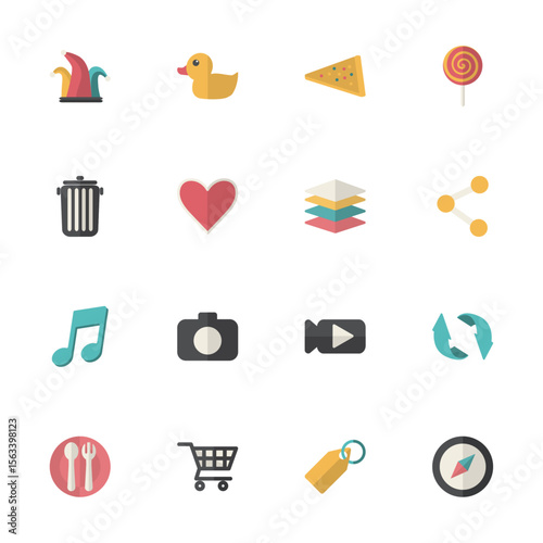 Set of Colorful Icons: A charming collection of icons in various shapes and symbols, perfect for adding visual appeal to your creative projects. It has icons of a duck, heart, music, camera, cart etc.