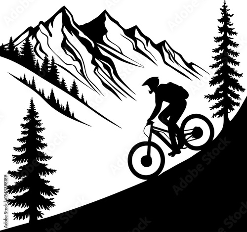 Silhouette of Mountain Biker on Steep Trail, mountain bike hand drawn silhouette, 