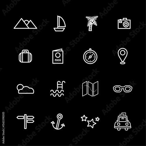 Journey Symbols: A visually appealing, minimalist illustration showcases an array of travel-related icons, each meticulously outlined, hinting at exploration and discovery.