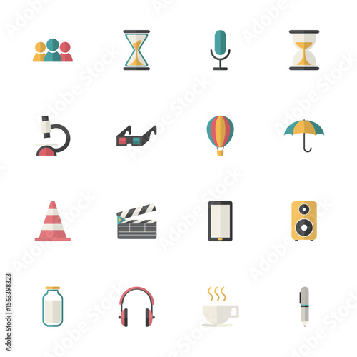 Symbolic Icon Set: A colorful collection of flat design icons represents different aspects of everyday life and various concepts, rendered in a vector style and perfect for various applications.