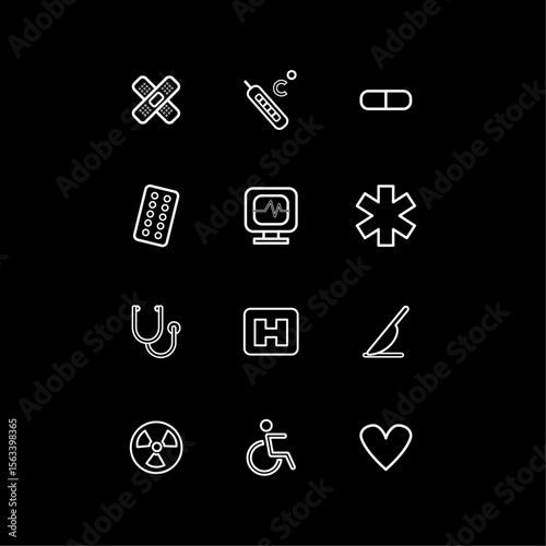 Healthcare Icons on Black: A collection of meticulously designed healthcare icons arranged in a grid pattern, signifying essential elements of medical care and well-being on a black background.