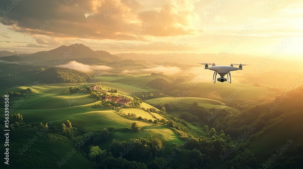 Fototapeta premium Drone captures vast green landscape during golden hour with rolling hills and distant mountains