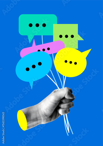 Halftone hand holding speech bubbles. Concept of surveying people. Collecting different opinions. Concept of influence and blogging. Modern collage