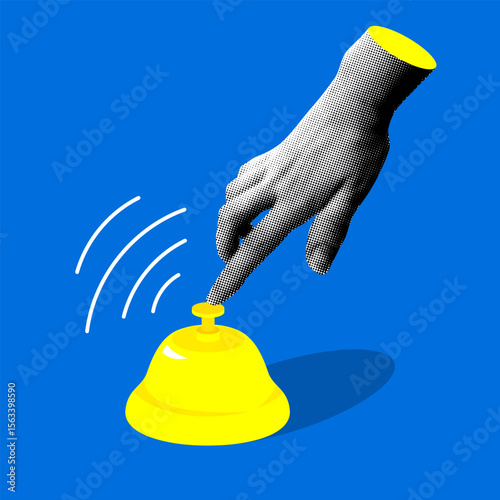 Halftone hand presses the bell at the reception. Calling attention. Hotel bell. Ringing service bell. Modern collage