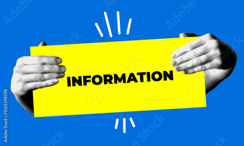 Halftone hands holding sign with inscription Information. FAQ, support concept. Help point. Info center. Banner template. Modern collage
