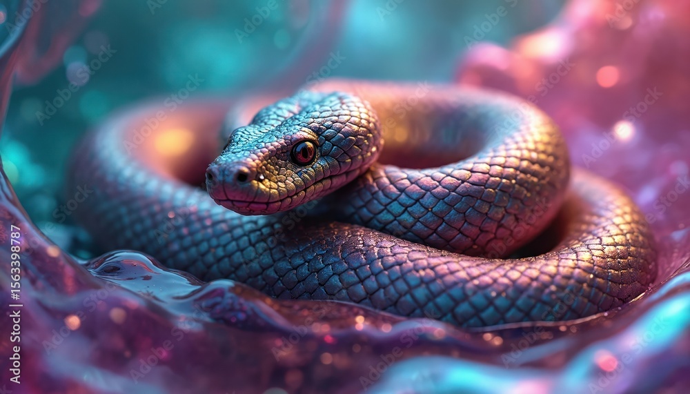 Fototapeta premium Coiled iridescent snake illustration. Swirling abstract colors purple, blue, pink, green, yellow. Metallic shiny fluid dynamic shape design. Digital art featuring three-dimensional pattern with
