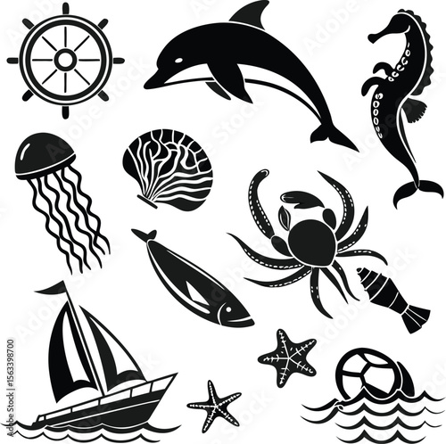 Nautical adventure graphic showcases ocean life and sailing, perfect for coastal themes
