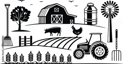 Farm landscape element set features rural building, crops and animals for creative design.