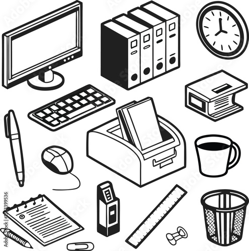 A clean flat design featuring office supplies like a computer, keyboard, documents, and other stationery for creative work.