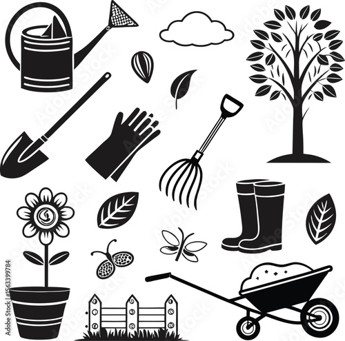 Appealing gardening elements display watering can, flower, and boots in a monochrome graphic ideal for garden themes