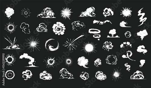 Fortytwo white cartoon explosions bursts and puffs in various shapes on a black background