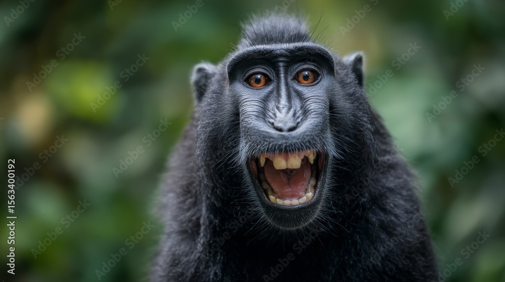 Obraz premium A black macaque with its mouth open, smiling and laughing at the camera in front of green trees, with an extremely shallow depth of field, close-up shots, clear focus, symmetrical composition, bright 