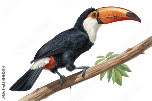 Colorful toucan sits perched on a branch with a transparent background.