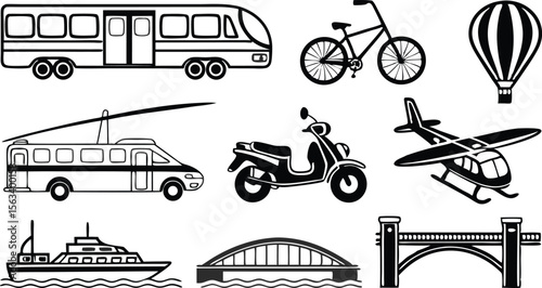 Simple transport icons showcase different modes like buses, planes, boats, and bridges for diverse purposes.