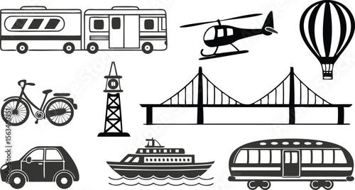 Travel icons show a selection of different transportation vehicles for tourism or vacation.
