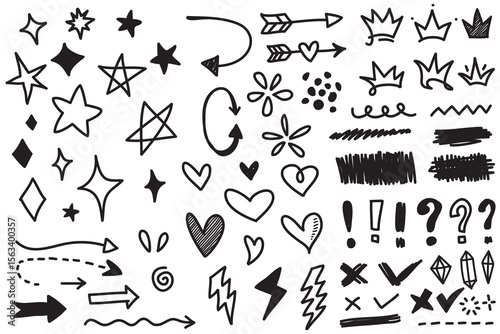 Handdrawn doodle array stars arrows hearts crowns lightning punctuation shapes and lines