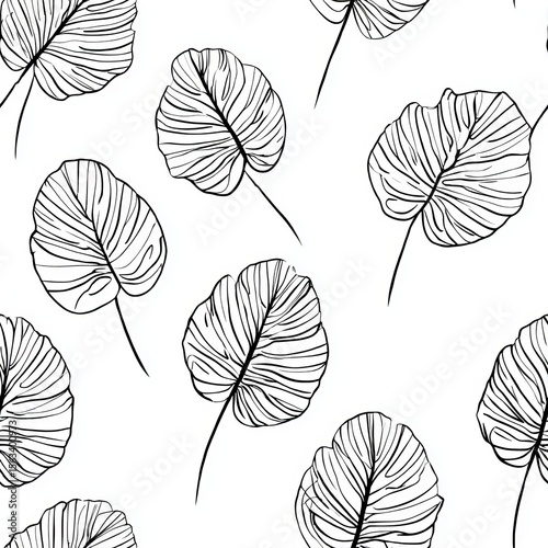 minimalist tropical leaf pattern, elegant single continuous line art of monstera and palm leaves, black on a clean white background, simple and sophisticated scandinavian feel