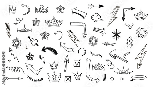 Handdrawn doodles arrows crowns stars lightning bolts  other elements sketched in black ink on white