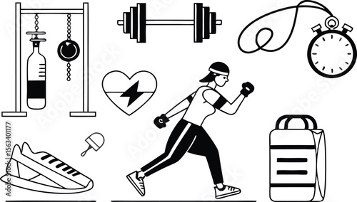 Fitness essentials graphic features workout equipment and a person exercising