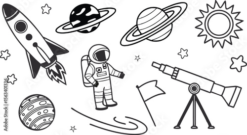 Cartoon cosmos scene features a spaceship, planets, astronaut, and telescope for space exploration themed designs.