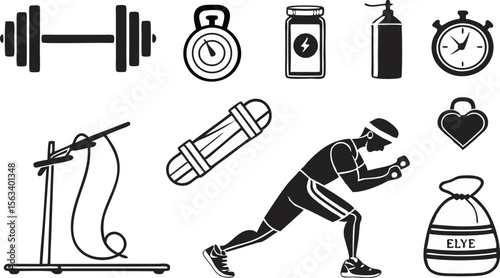 Dynamic fitness graphic presents elements of boxing, training, and gym equipment for design flexibility.