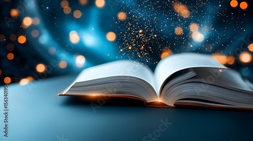 Book floating in enchanted space literary inspiration fantasy world ethereal environment close-up view imagination sparks