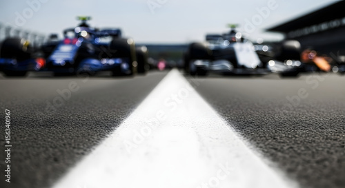 Race car driver's perspective speeding on a track, hands on the steering wheel, showcasing speed and motion.