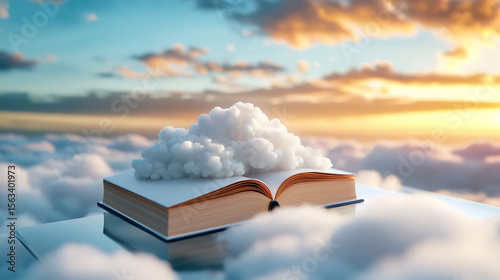Dreamy clouds surrounding an open book above the sky surreal art evening light aesthetic view imagination unleashed