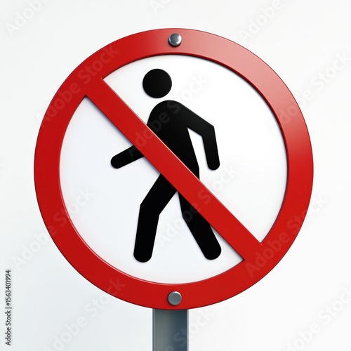 No entry sign prohibits pedestrian access. Round red circle with crossed out walking person symbol on white background. Warning, security, safety, caution, forbidden concept. Isolated on white,