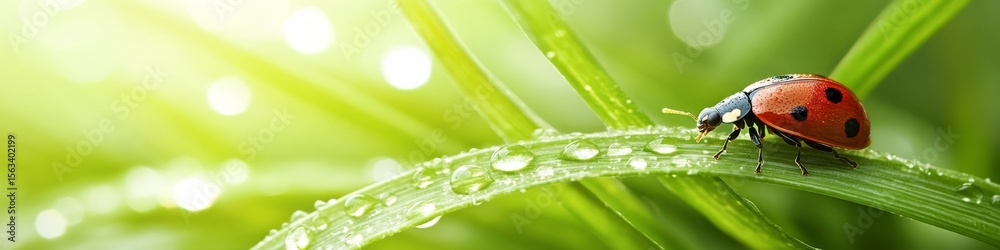 Fototapeta premium A Ladybug Resting on a Dew-Kissed Blade of Grass, Sunlight Enhancing the Natural Serenity Around It