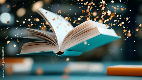 Magical book floating with stars enchanted library digital art whimsical environment close-up view imagination unleashed